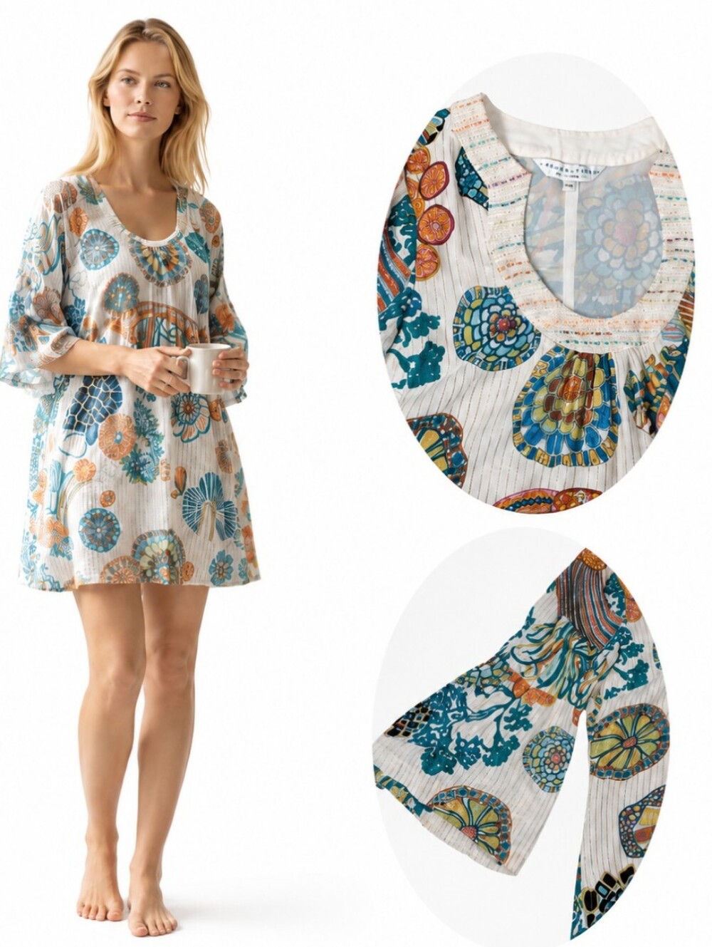 U Neck Bell Sleeve Cotton Colorful Mermaidcore Coastal Playful Shift Dress Sz 6